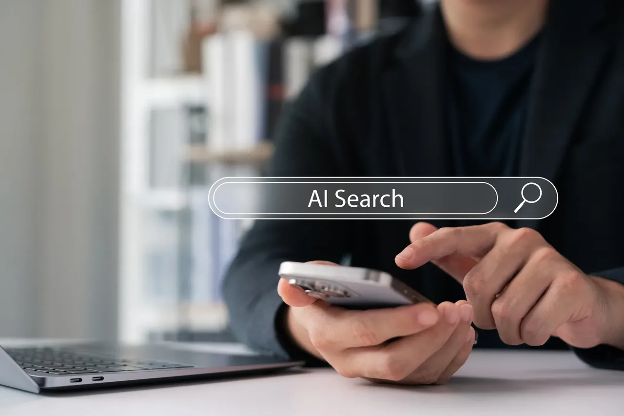 Professional using an AI-powered search assistant on a smartphone
