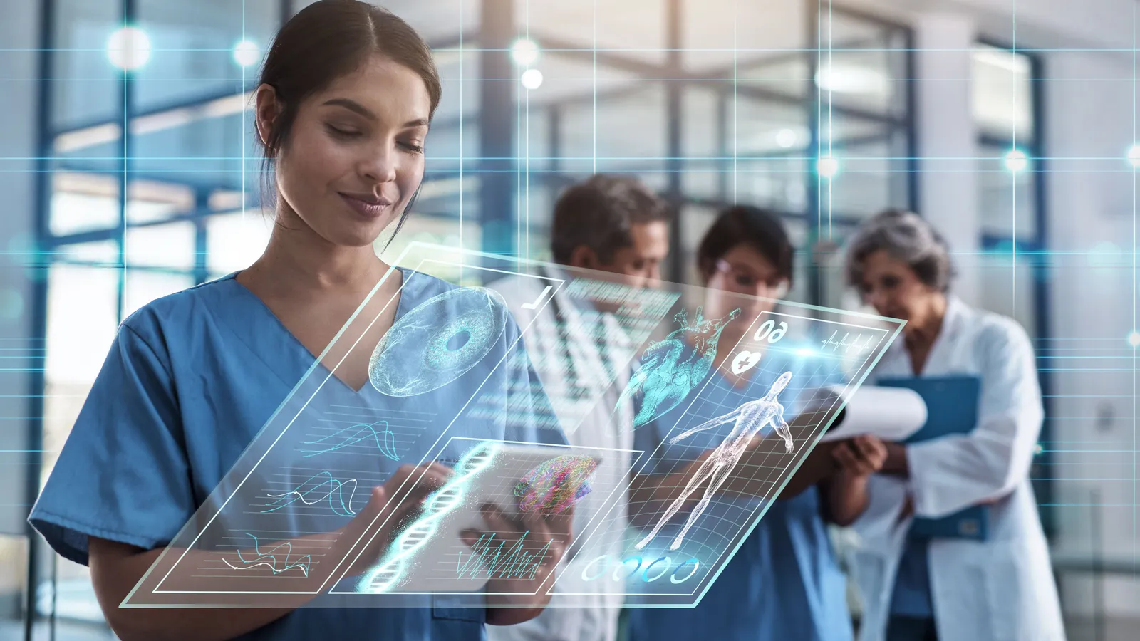 A clinician using artificial intelligence technology in a healthcare setting.