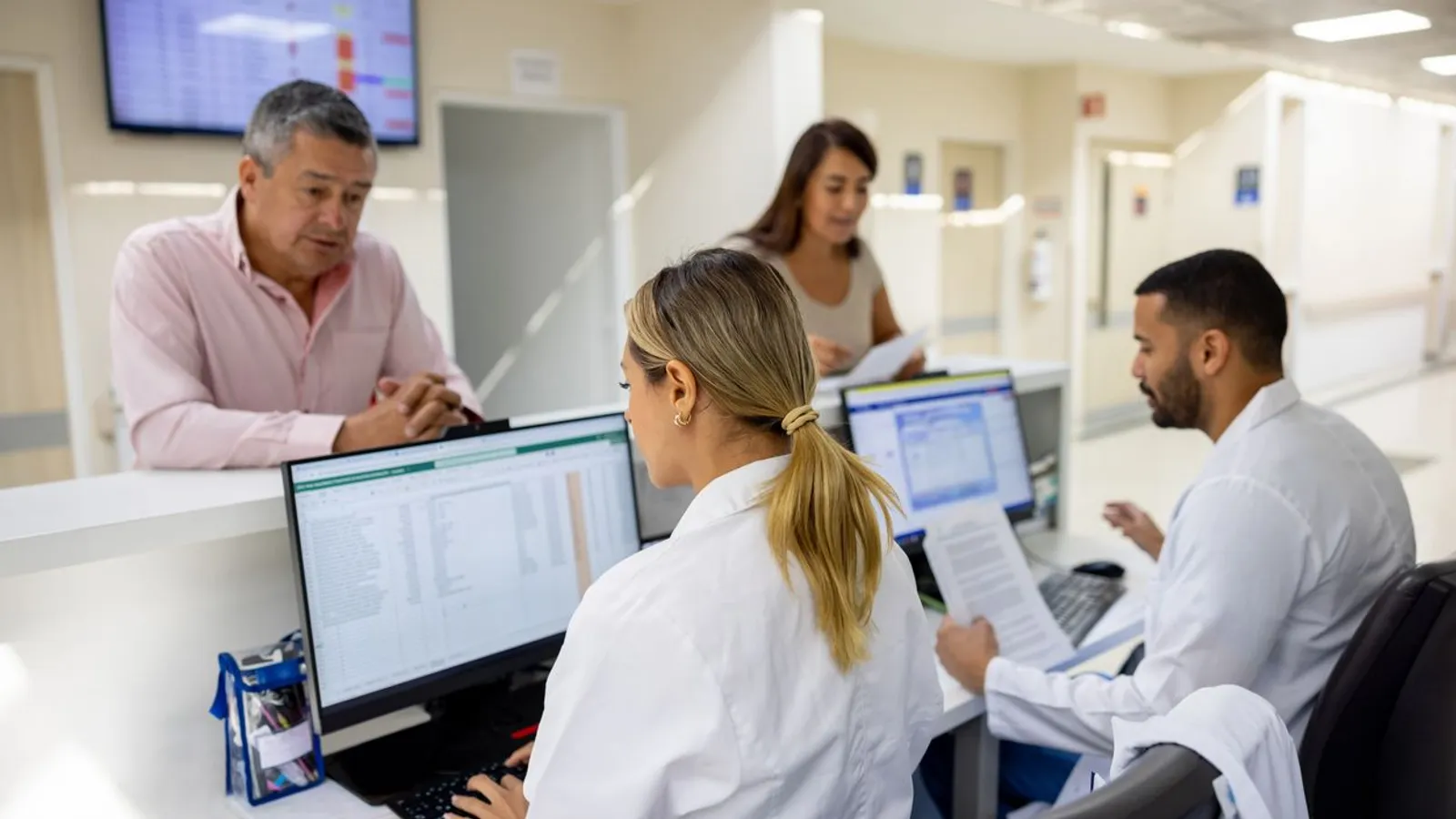 Doctors registering patients at front desk
