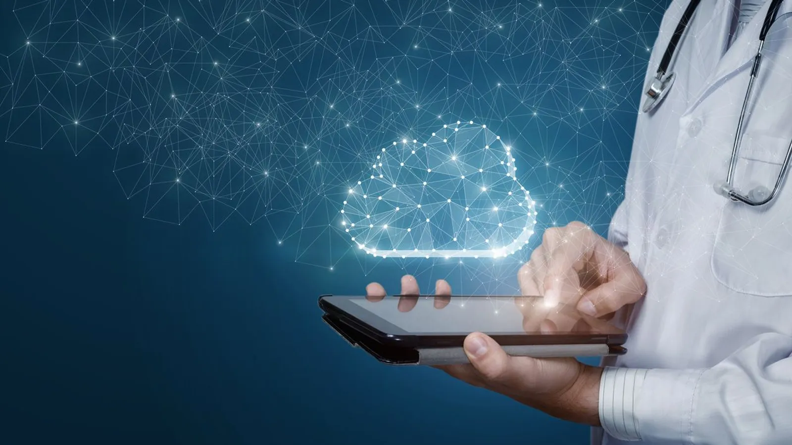 doctor-holding-ipad-cloud-hologram
