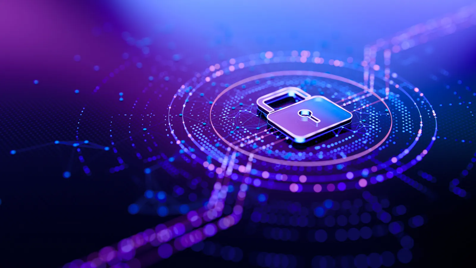 Digital padlock on a glowing network, representing data privacy and cybersecurity.