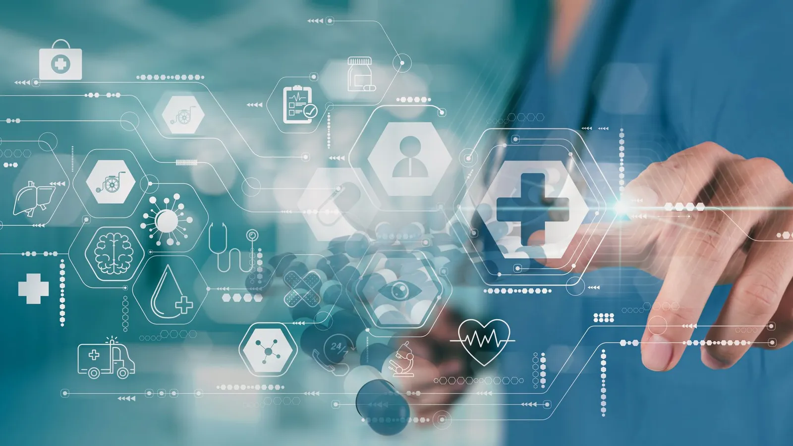 doctor using hologram healthcare icons