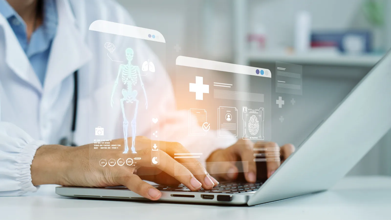 A clinician using AI technology with patient data