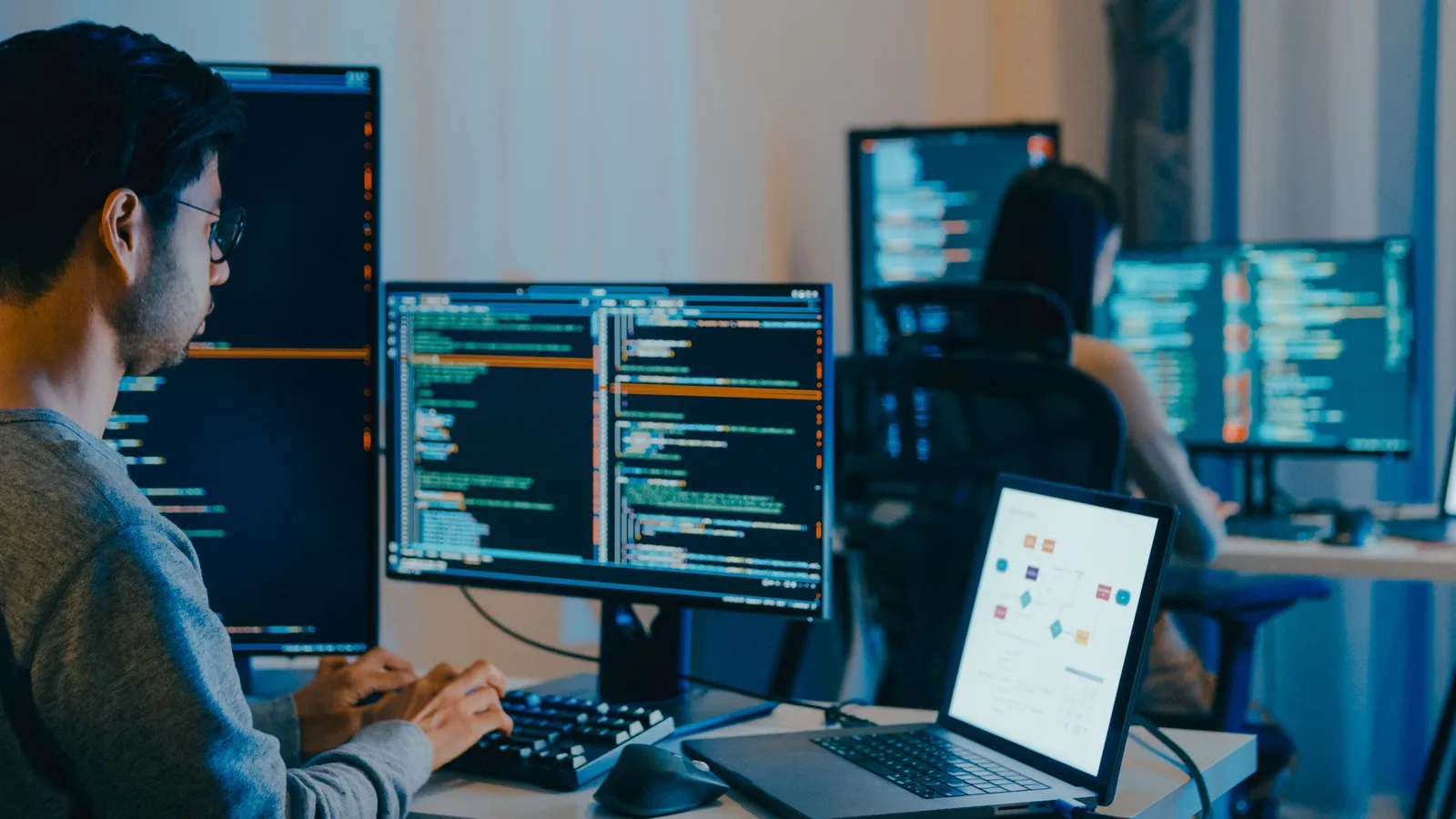 An IT professional monitoring security dashboards