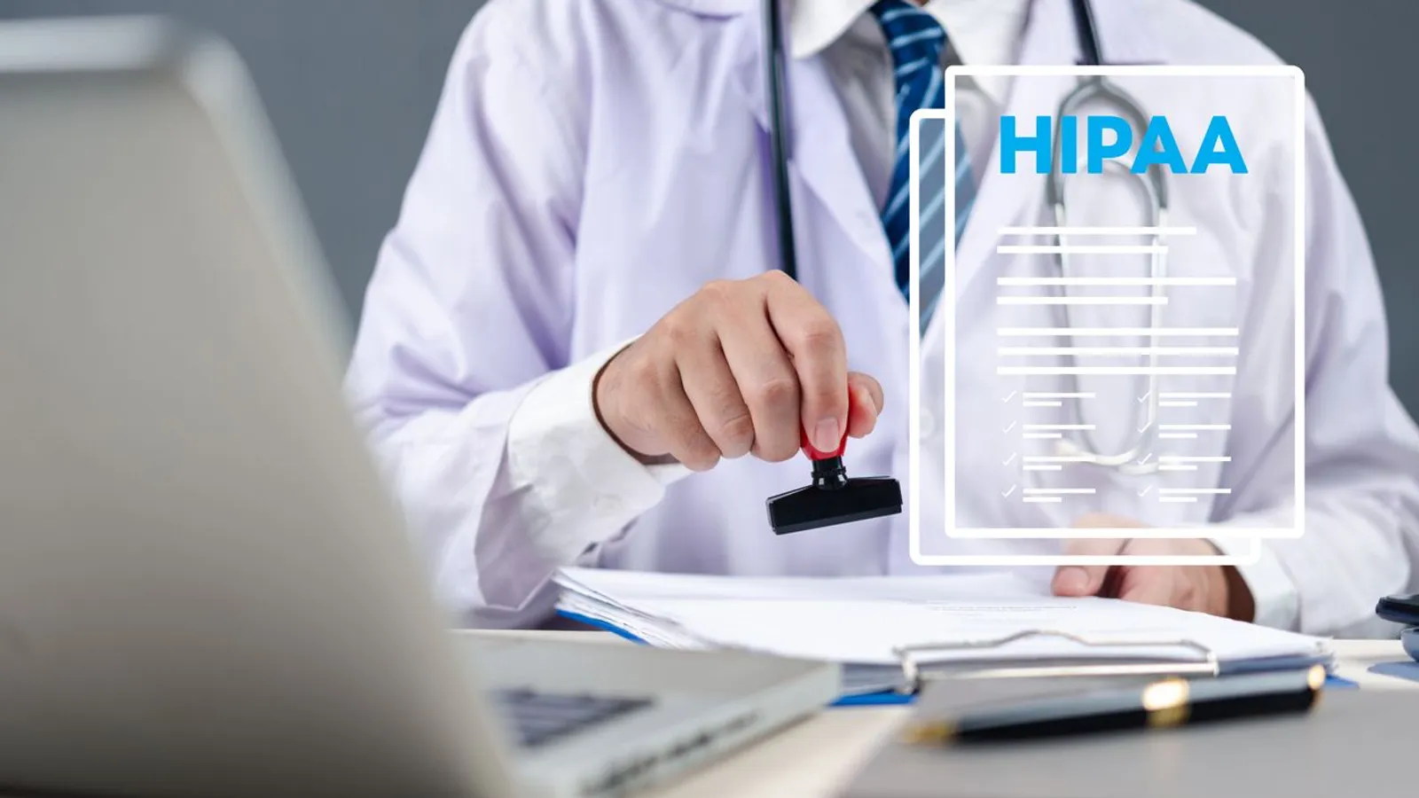 doctor stamping documents hipaa hologram