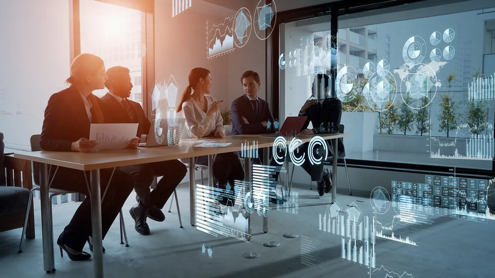 business meeting with holographic charts