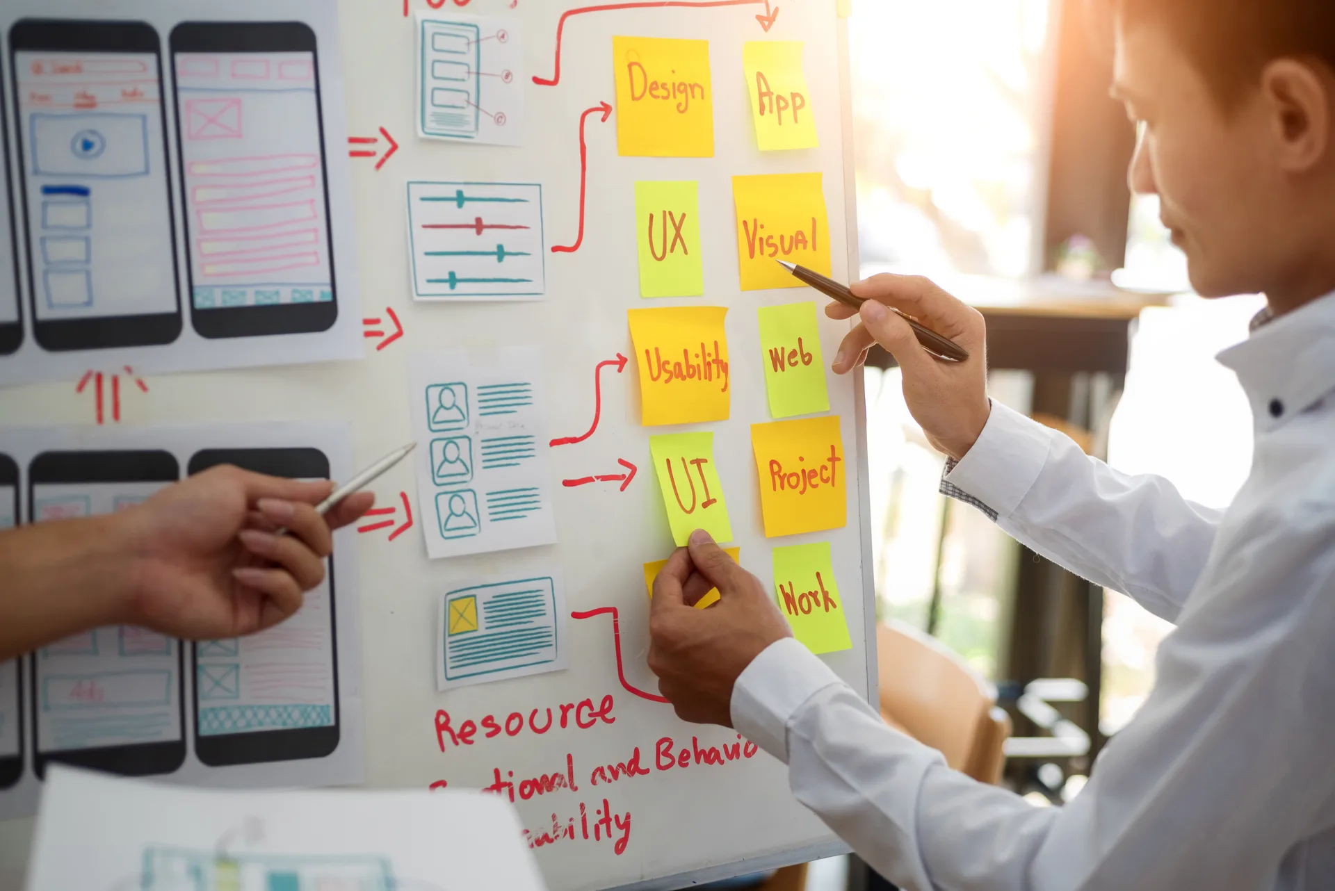UX designer creative group working about planing mobile application project with sticky notes. User experience concept