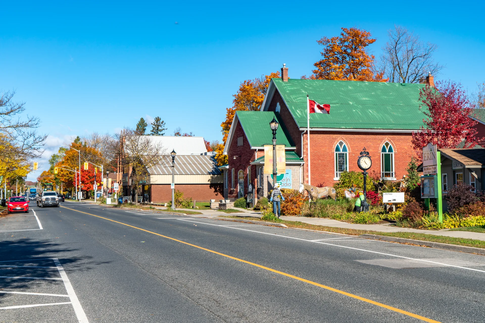 Downtown Erin main street view, Town Hall in autumn, Wellington County, Ontario, Canada