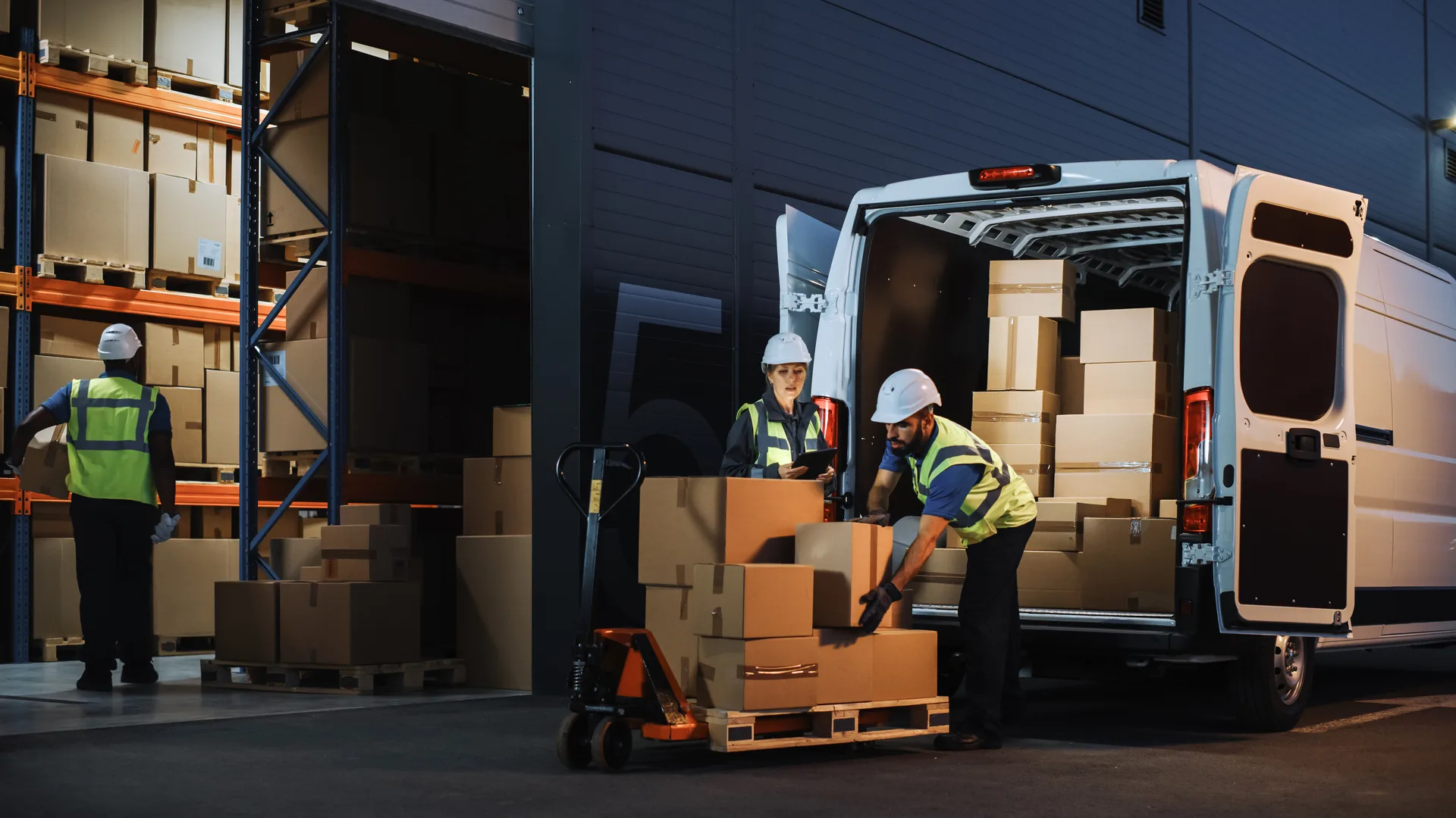Outside of Logistics Retail Warehouse With Inventory Manager Using Tablet Computer, talking to Worker Loading Delivery Truck with Cardboard Boxes, Online Orders, Food and Medicine