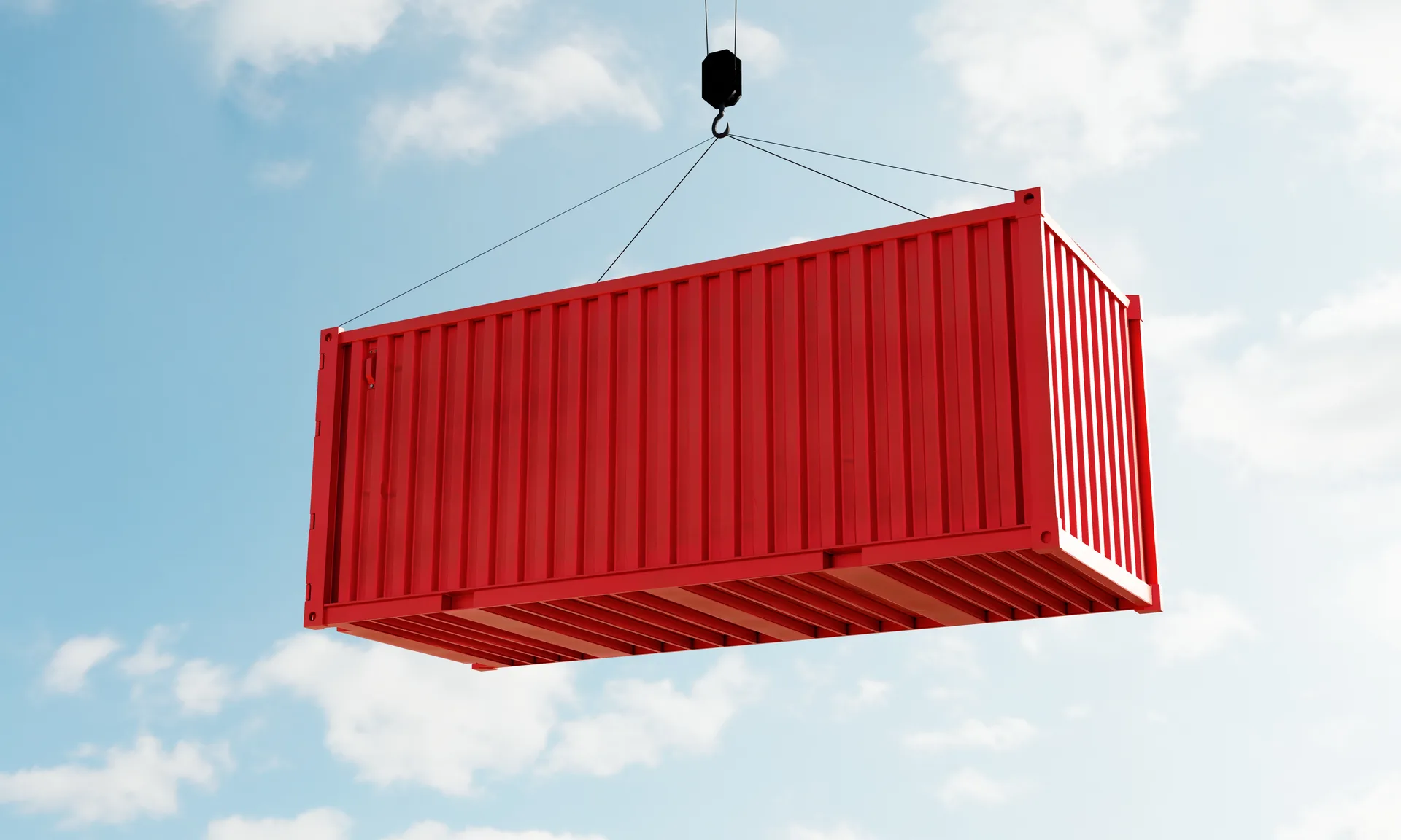 Red cargo containers with empty blank text for advertising mockup template on crane in depot warehouse with sky background. Business industrial and transportation concept. 3D illus