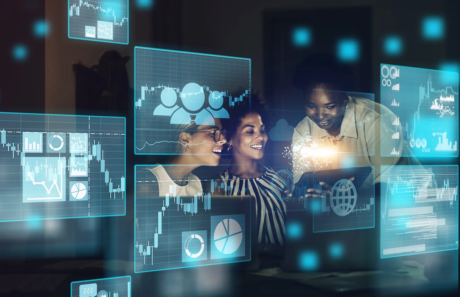 Stock market, overlay and trading team on finance, blockchain and forex digital website working on a strategy. Fintech, smile and happy traders studying global financial chart data