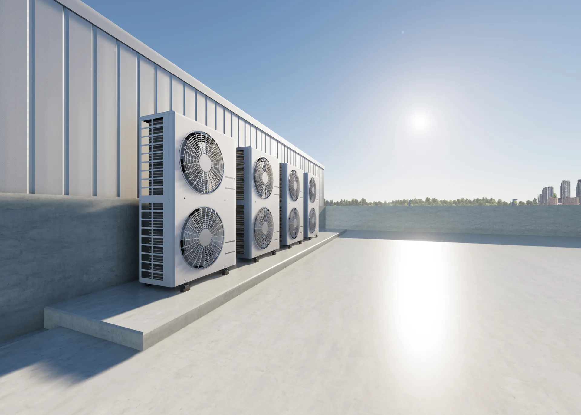 3d rendering of condenser unit or compressor on rooftop of industrial plant, factory. Unit of ac or air conditioner, hvac or heating ventilation and air conditioning system. Motor,
