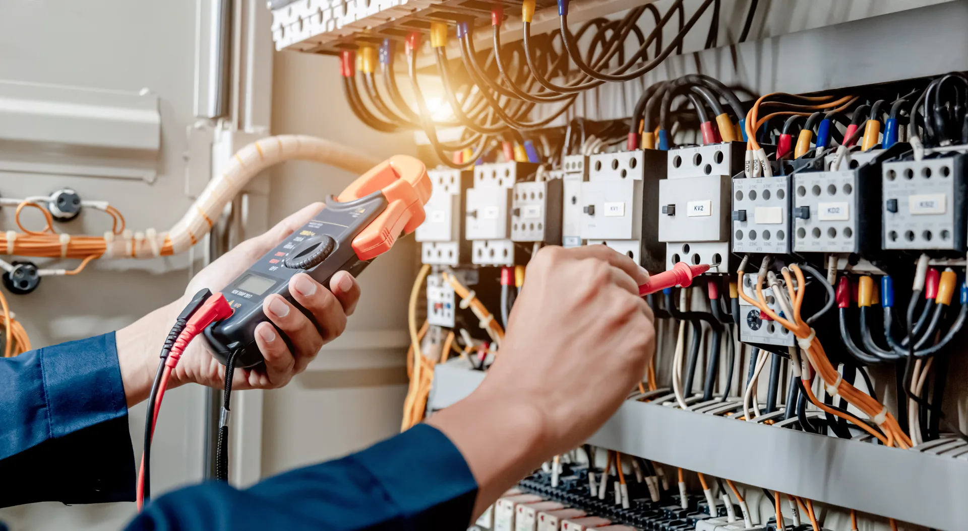 Electrician engineer uses a multimeter to test the electrical installation and power line current in an electrical system control cabinet