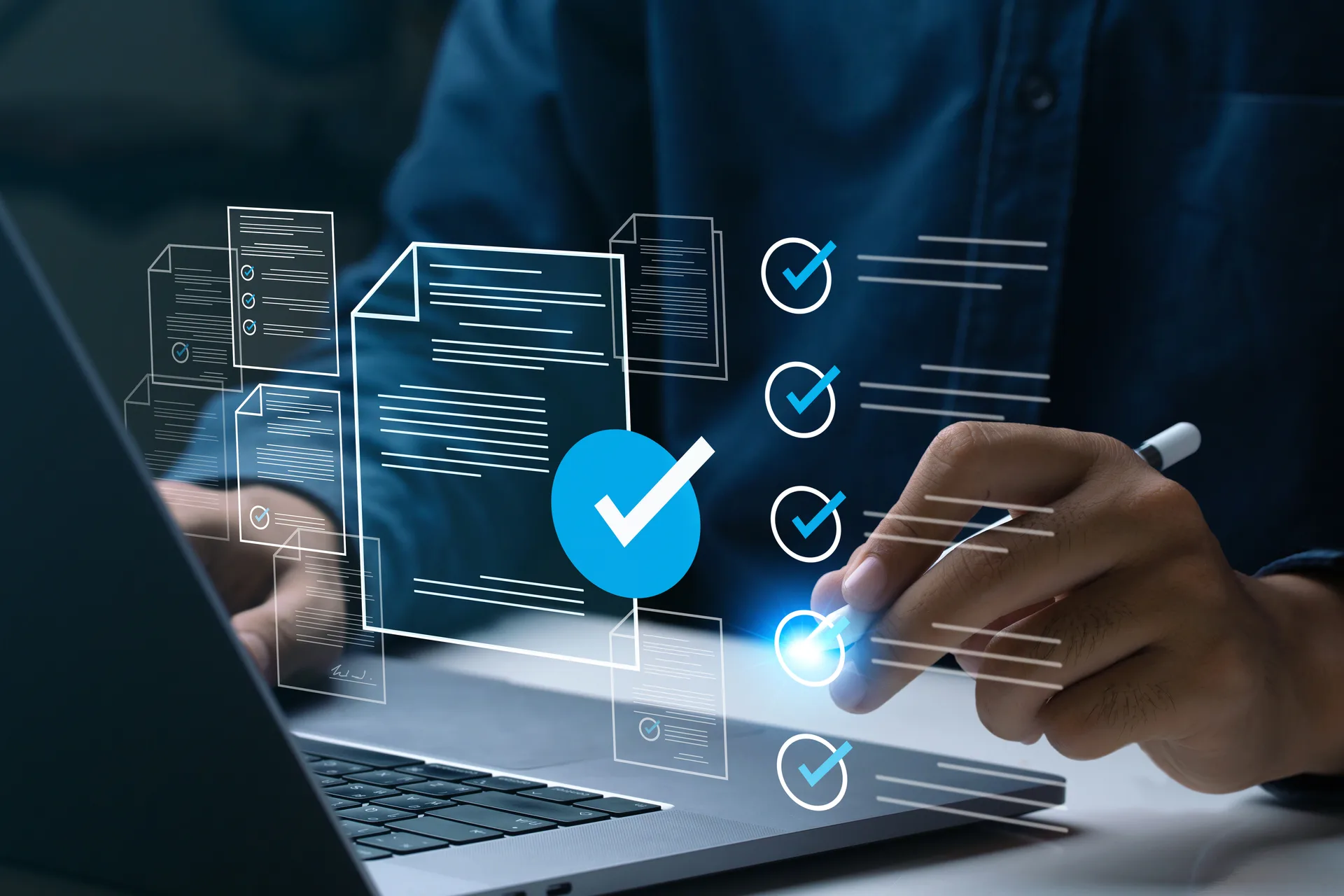Business performance checklist, Businessman using laptop online survey filling out check digital form task, business performance monitoring and evaluation. online survey question f