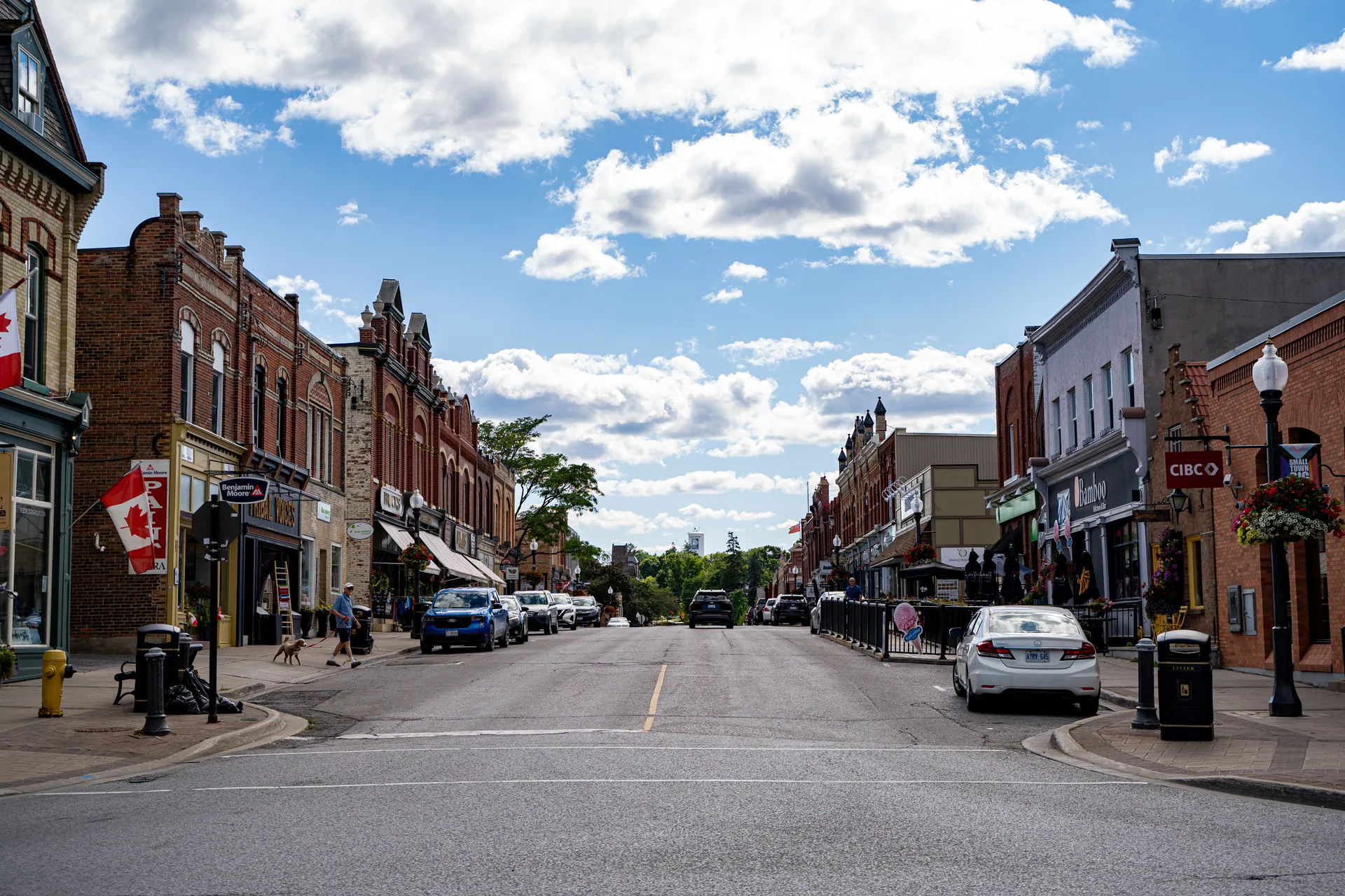 View of Port Perry town center with historic buildings and street