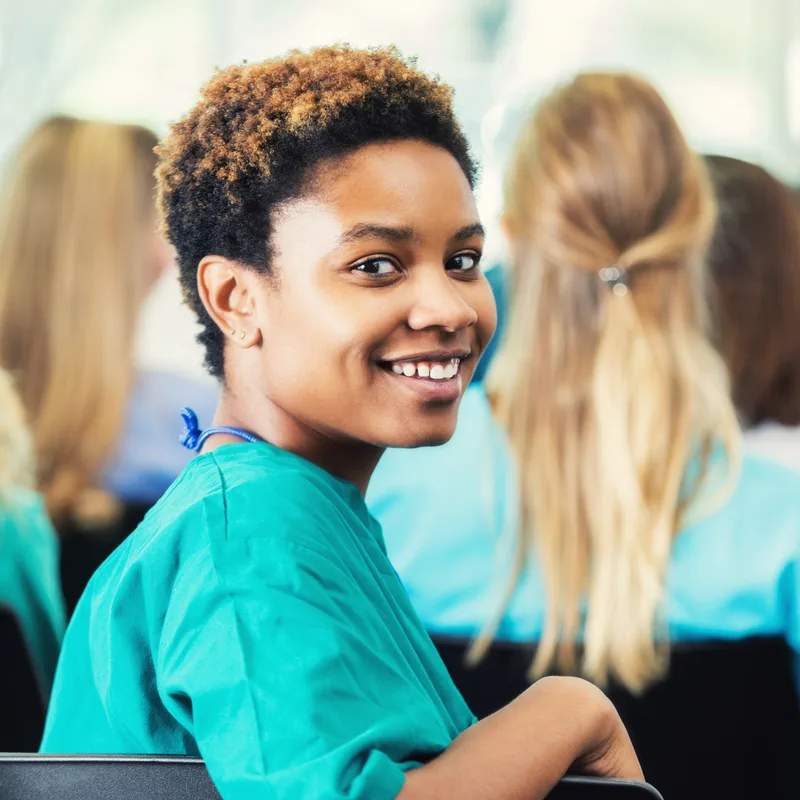 Portrait of beautiful African American nursing student in her first class